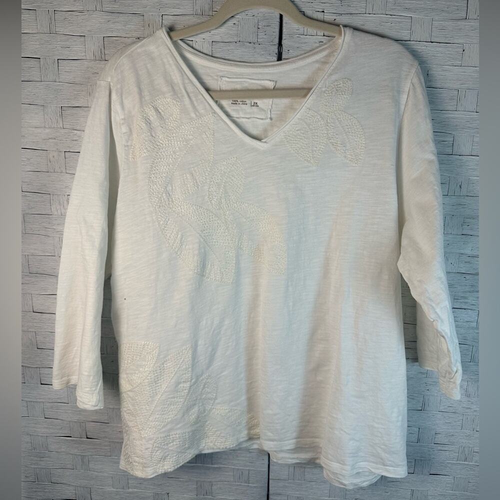 Coldwater Creek cream on cream 3/4 links sleeve embroidered coastal plus size